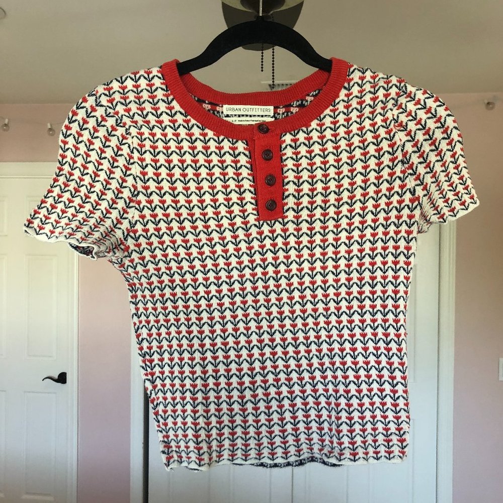 Urban Outfitters Red Patterned Short Sleeved Top
